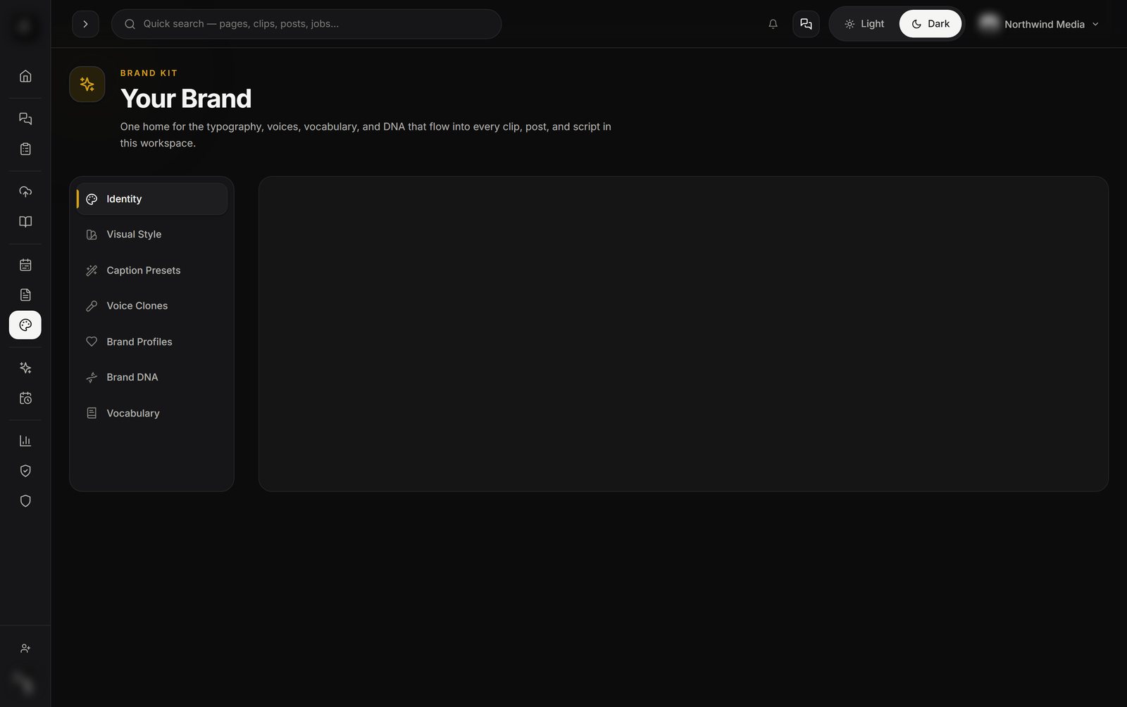 CleanCut brand kit: identity, visual style, caption presets, voice clones and brand DNA
