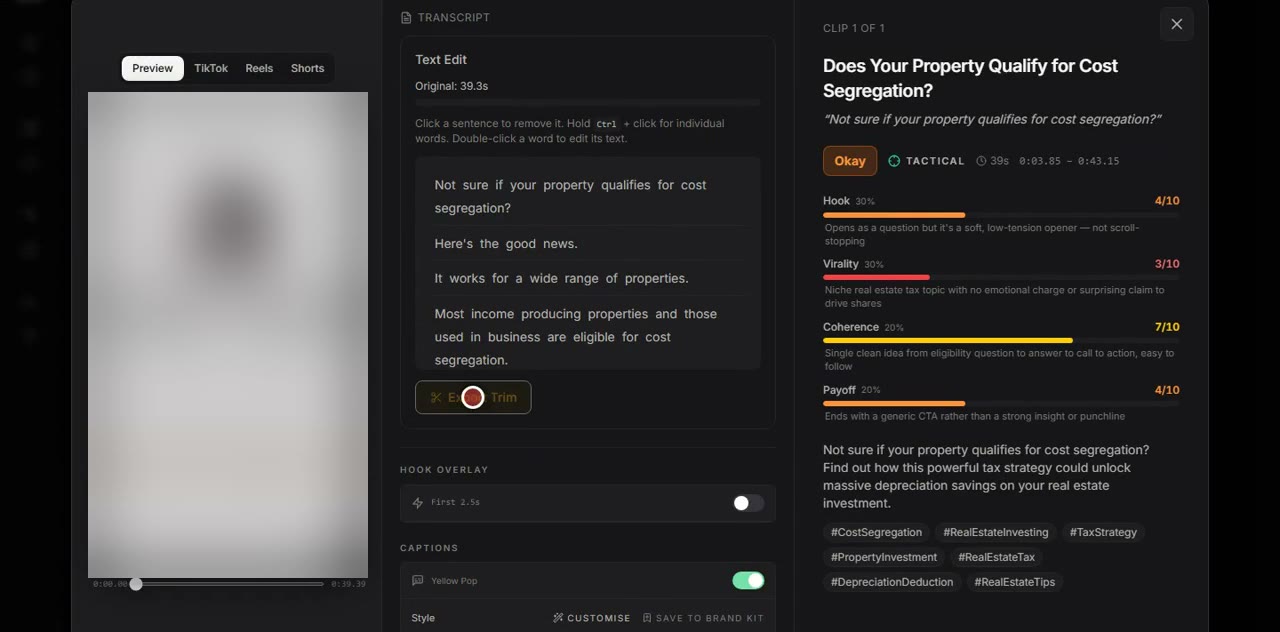 CleanCut clip scoring panel: hook, virality, coherence and payoff scored out of ten with written reasoning