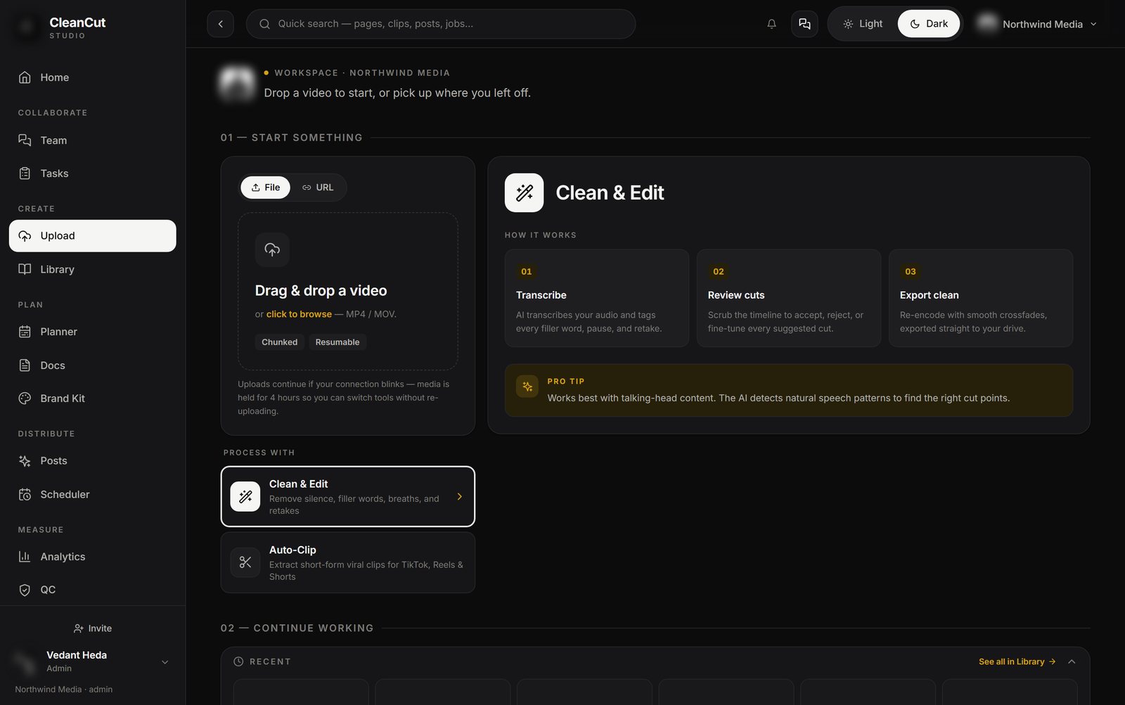 CleanCut Clean and Edit screen: drag and drop a video, transcribe, review cuts, export clean