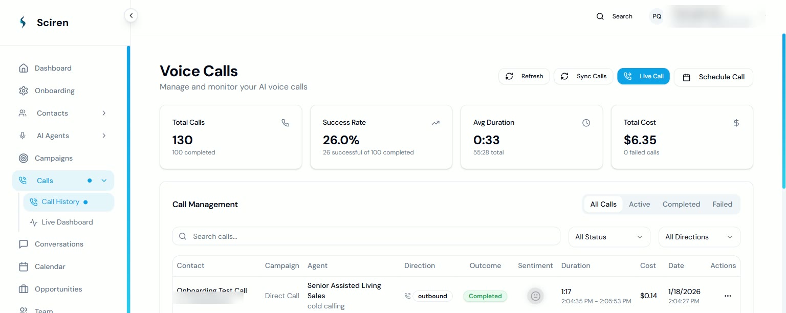 SCIREN voice call dashboard: total calls, success rate, average duration and total cost, over a call log with per-call outcome, sentiment and cost