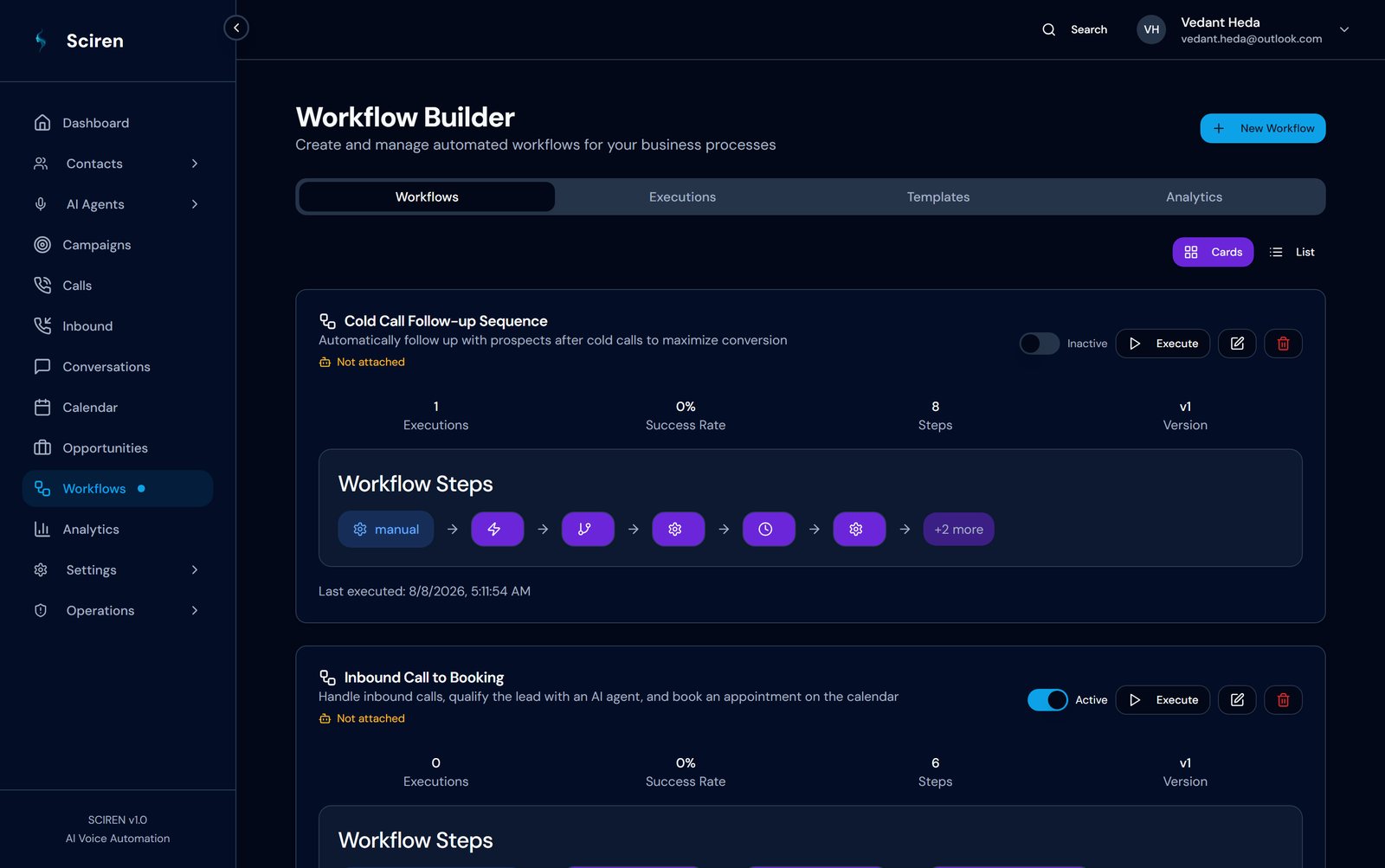 SCIREN workflow builder showing a cold call follow-up sequence and an inbound call to booking workflow with their steps